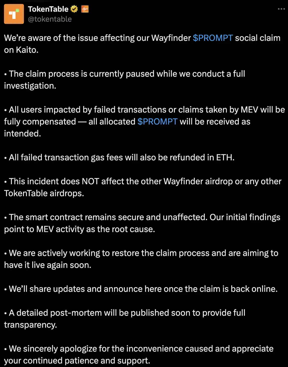 $PROMPT空投被MEV撸走120 ETH,社区质疑程序员「用AI写合约」(7) $PROMPT空投被MEV撸走120 ETH,社区质疑程序员「用AI写合约」(7)